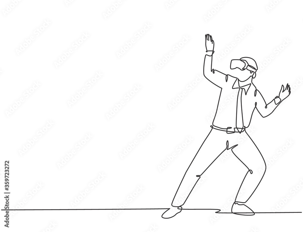 Aufkleber single continuous line drawing of young happy male manager avoids trap while playing simulation game