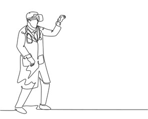 Single continuous line drawing of young happy male doctor ready to catch something while playing business simulation game. Virtual reality game player concept one line draw design vector illustration