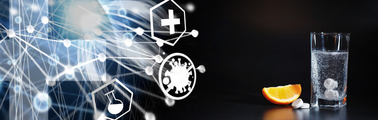 Composition from Bottles of cough syrup.Healthcare, medicine, flu and treatment concept - paper wipes and thermometer with pills.