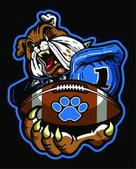 Bulldog football mascot holding ball in paw for school, college or league