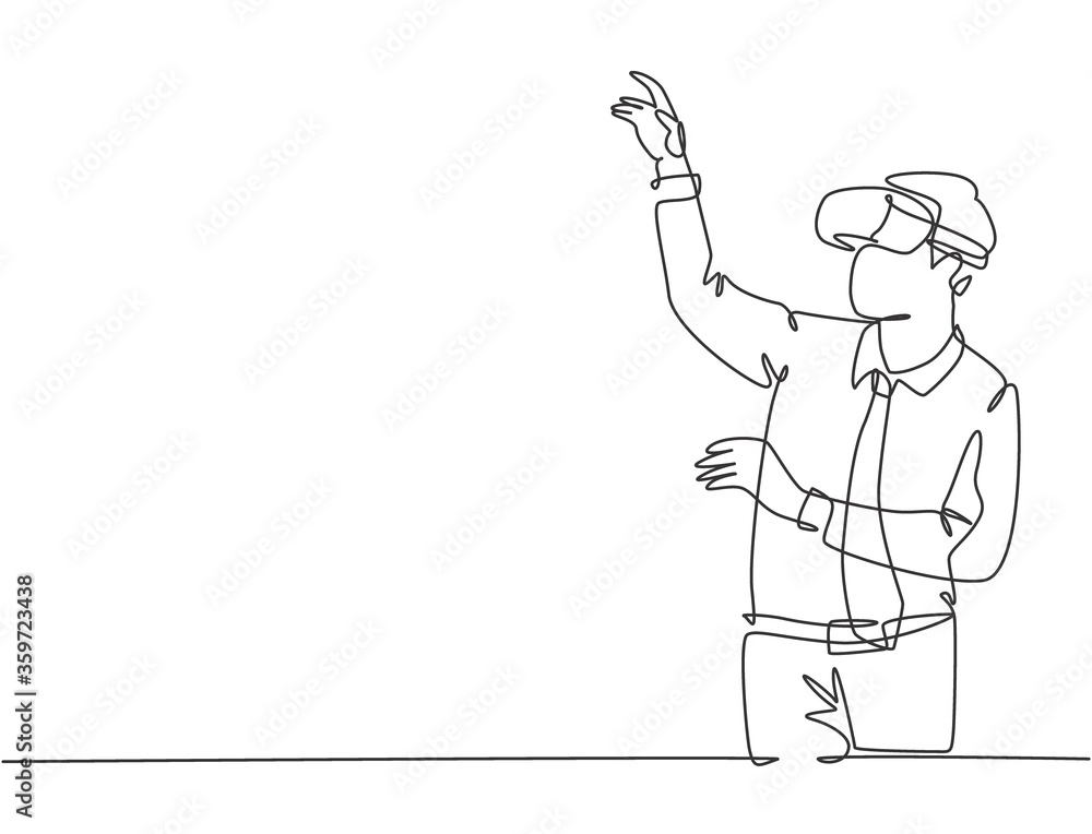 Aufkleber one continuous line drawing of young happy businessman pretending to touch button while wearing virt