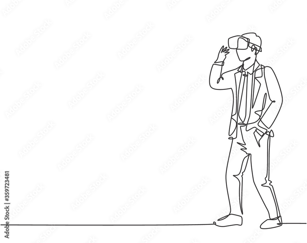 Aufkleber one continuous line drawing of young happy businessman ready to play virtual reality game simulation
