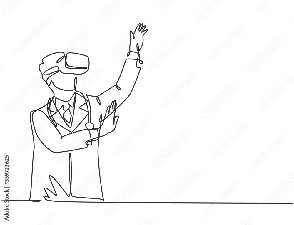 Aufkleber one continuous line drawing of young manager pointing finger at top hill while playing virtual reali