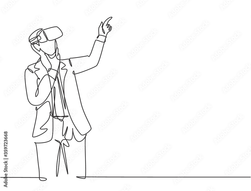 Aufkleber one single line drawing of young serious businessman thinking watching visual simulation on virtual 