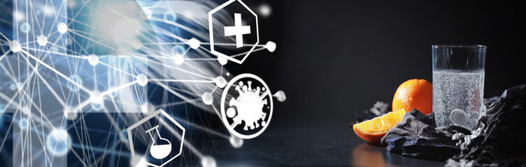 Composition from Bottles of cough syrup.Healthcare, medicine, flu and treatment concept - paper wipes and thermometer with pills.