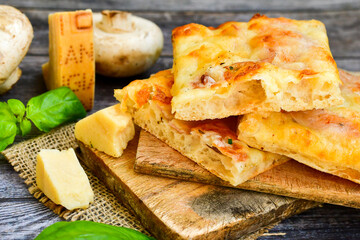   Italian  Focaccia with crispy crust  with Mushroom and ham . Full 72 hour pizza dough   fermentation   method