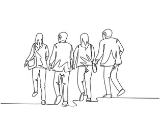 One single line drawing group of male and female workers run in rush so as not to be late to arrive to the office. Business running competition concept continuous line draw design vector illustration