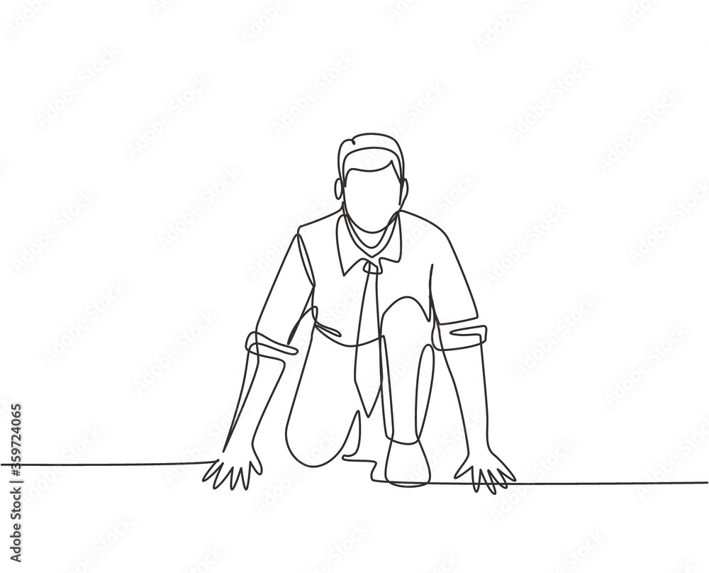Poster one continuous single line drawing of young happy businessman gets ready to doing sprint run on runn