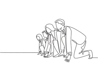 One single line drawing group of male and female worker gets ready on starting line to do sprint race together. Business running competition concept continuous line draw design vector illustration