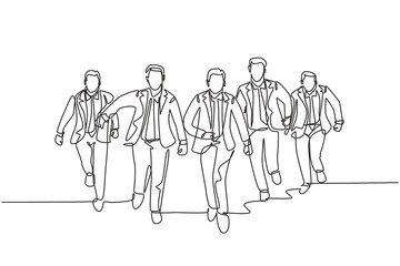 One continuous single line drawing of male managers wearing suit doing sprint race at the running track to reach finish line. Business Sprint race concept single line draw design vector illustration
