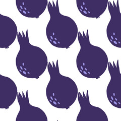Decorative blue pomegranate fruit seamless pattern on white background. Garnet fruit endless wallpaper.