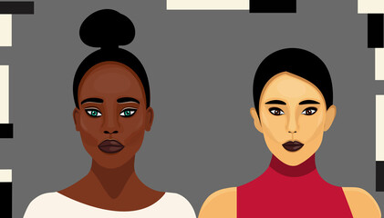 Vector illustration of pretty african and asian girl. Isolated on grey background