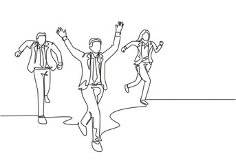 One single line drawing of young male female worker happy after winning cross the finish line beating his friends. business running competition concept continuous line draw design vector illustration