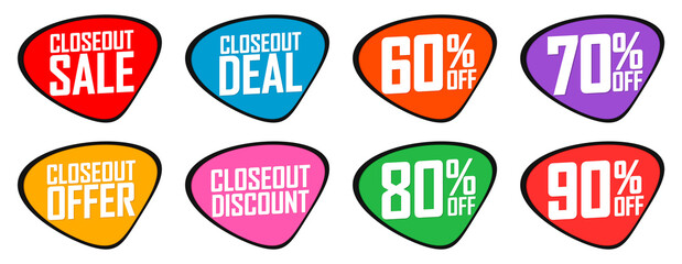 Set Closeout Sale banners design template, discount tags, vector illustration