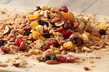 Granola (muesli) with oats, flax, almonds, chia seeds, hazelnuts, cashews and pumpkin seeds. Healthy organic food.