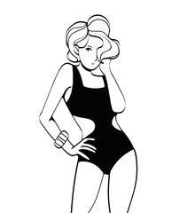 Black and white illustration asian girl with short curly hair wearing black swimsuit, outline image
