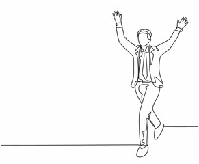 Single continuous single line drawing of young happy male manager running and open his hands after cross the finish line. Business race competition concept one line draw design vector illustration