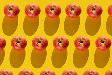 Apple fruit pattern. Colorful of fresh apple on yellow background.  Photography collage. Minimal summer fruits pattern