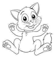 A cat cute cartoon kitten animal in black and white outline like a kids coloring book page