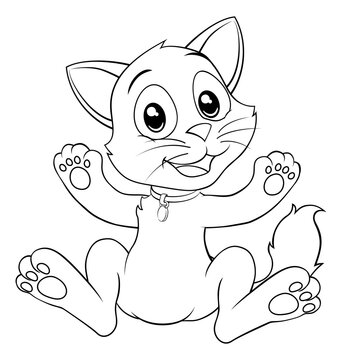 A cat cute cartoon kitten animal in black and white outline like a kids coloring book page