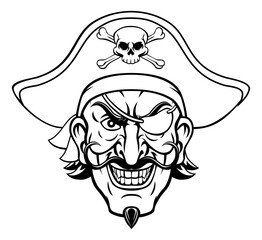 A pirate cartoon character captain mascot face with skull and crossed bones on his tricorne hat