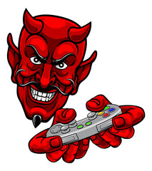 A devil or satan gamer mascot holding video game controller playing games cartoon character