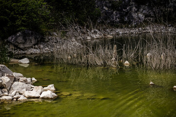 Flooded stone quarry with withered grass and green water