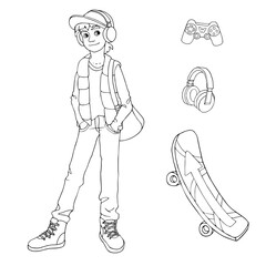 Teenager boy wearing a cap and a puffer vest standing with his bag and headphones. Set of teenage things (gadgets, skateboard). White and black vector illustration for coloring book.