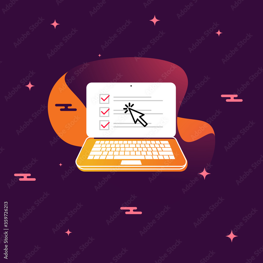 Poster checkboxes on laptop computer screen with cursor. checklist and check marks. modern concept for web 
