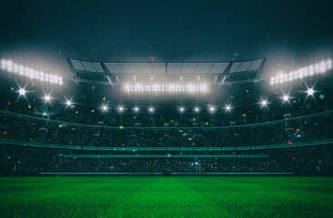 Grand stadium full of spectators expecting an evening match on the grass field. Sport building 3D professional background illustration. - obrazy, fototapety, plakaty
