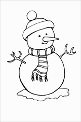 Cheerful snowman in a scarf and hat. Winter fun. Christmas holidays