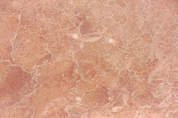 Aerial view of the salt pan and mineral crust with red algae of Lake Magadi, in the Great Rift Valley, on the border between Kenya and Tanzania. The Rift Valley contains a chain of active volcanoes.