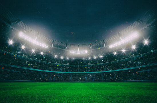 Grand stadium full of spectators expecting an evening match on the green grass field. Sport building 3D professional background illustration.