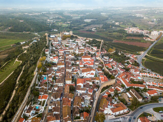 Aerial shoot of Obidos with historic walls and castle, Portugal