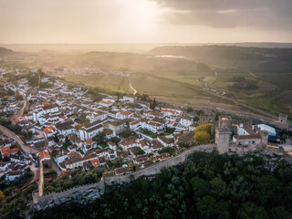 Aerial shoot of Obidos with historic walls and castle, Portugal