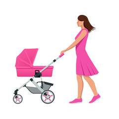 Baby carriage isolated on a white background. Kids transport. Strollers for baby boys or baby girls. Woman with baby stroller walks. Theme of motherhood and fatherhood