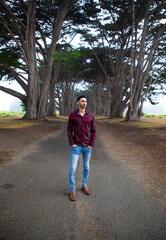 Fototapeta premium Male model dressed up standing in a tree tunnel road