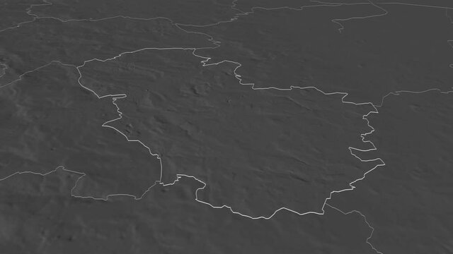 Rotherham, administrative county with its capital, zoomed and extruded on the bilevel map of England in the conformal Stereographic projection. Animation 3D