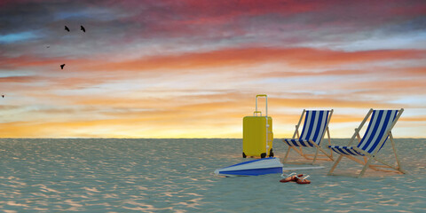 Naklejka premium Leerer tropischer Strand abends bei Sonnenuntergang