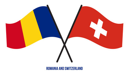 Romania and Switzerland Flags Crossed And Waving Flat Style. Official Proportion. Correct Colors.