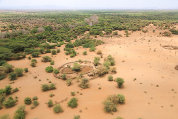Traditional Masai dwelling in the Great Rift Valley, Kenya. The Great Rift Valley is part of an intra-continental ridge system that runs through Kenya from north to south.