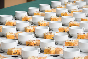 Coffee break at conference meeting. Set of coffee break arranged on the table.