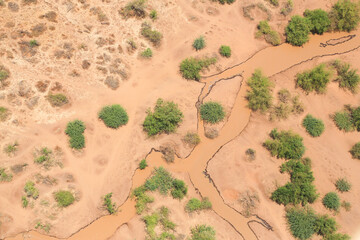 Aerial view of the Brown River in the Shompole conservancy area in the Great Rift Valley, near Lake Magadi, Kenya.