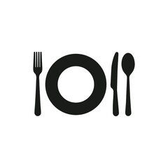 Flat icon design of plate, knife, and fork Minimalism. Vector illustration on white background Dinner theme with creative symbol. EPS 10
