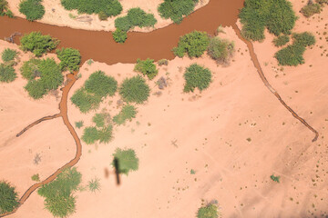 Aerial view of the Brown River in the Shompole conservancy area in the Great Rift Valley, near Lake Magadi, Kenya.