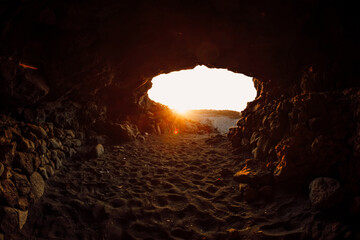 Lava cave and warm sunset light in Lanzarote
