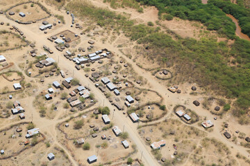 Aerial view of Shomploe village by the Brown River in the Great Rift Valley, near Lake Magadi,...