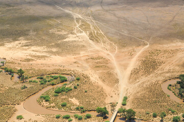 Aerial view of the Brown River in the Shompole conservancy area in the Great Rift Valley, near Lake Magadi, Kenya.