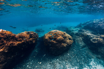 Fototapeta na wymiar Underwater scene with rocks in blue water in ocean