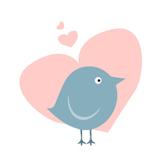 Cute gray bird on a background of hearts icon